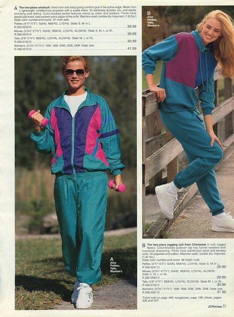 OMG yessss, you match those weights to your windsuit. Speedwalk like the wind. | The 21 Most Embarrassing Pages Of The 1993 J.C. Penney Fall Catalog 90s Windbreaker Outfit, Parents Closet, 80s Track Suit, Windbreaker Outfit, 80s Windbreaker, 90s Windbreaker, 80’s Fashion, Tracksuit Outfit, Track Suit