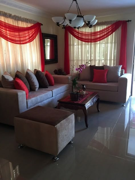 I LIKE THE MATERIAL OVER THE CURTAINS. EXCEPT PURPLE Red Living Room Color Scheme, Light Blue Living Room, Red Living Room Decor, Simple Apartment, Brown Living Room Decor, Nice Rooms, Diva Den, Red Living, Esthetician Room