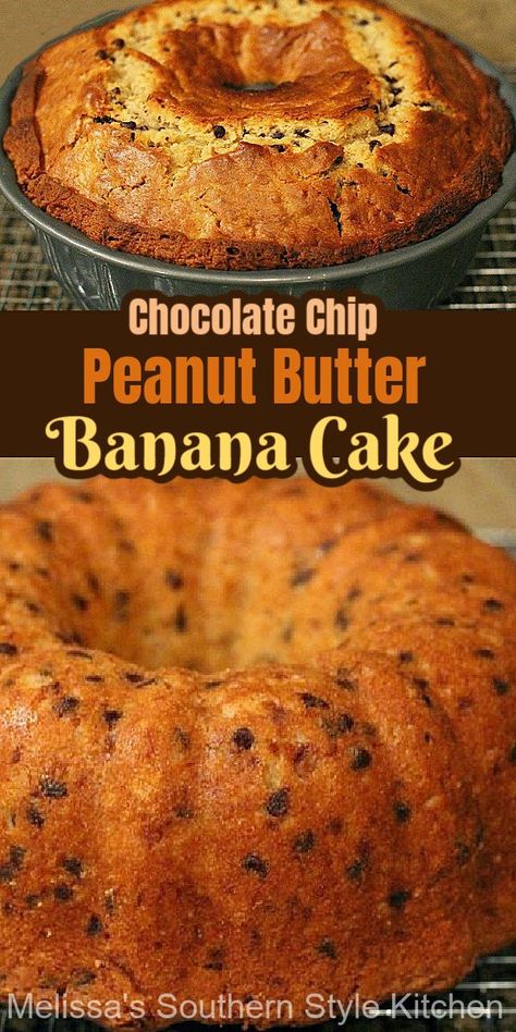 Chocolate Chip Peanut Butter Banana Bundt Cake Peanut Butter And Banana Cake, Peanut Butter Banana Cake Recipe, Banana Butter Cake, Banana Peanut Butter Cake, Banana Peanut Butter Chocolate, Moldy Bread, Easy Bundt Cake Recipes, Chocolate Chip Bundt Cake, Banana Bundt Cake