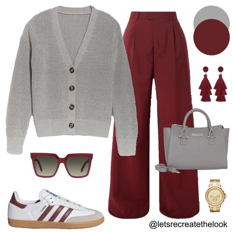 Burgundy Trousers - 10 Outfit Ideas 🐙 Here are 10 more colors that pair well with burgundy! Which is your favorite? As fall approaches it’s time to break out our sweaters. Instead of just pairing them with jeans, here’s a reminder that wide leg trousers are a more elevated option but just as comfortable! So for an elevated casual look, try pairing your sweaters with your trousers! You can still wear your sneakers with them! 😉 So save this post for style inspiration and look in your closet to... Dark Red Pants Outfit Work, Burgundy Wide Leg Trousers Outfit, What To Wear With Red Shoes, Burgundy Wide Leg Pants Outfit, Burgundy Pants Outfit Women, Dark Red Pants Outfit, Burgundy Sweatpants Outfit, Burgundy And Pink Outfit, Burgundy Trousers Outfit