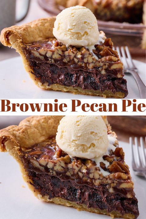 The best Thanksgiving recipe for dessert? Brownie Pecan Pie recipe!!! With an all butter crust, brownie filling, and pecan pie topping, this is the ultimate Thanksgiving dessert recipe. Pecan Pie With Streusel Topping, Baked Goods For Thanksgiving, Brownie Pecan Pie Recipe, Brownie Crust Desserts, Nut Pie Recipes, Thanksgiving Pie Desserts, Fancy Pecan Pie, Thanksgiving Recipes Deserts, Bake Sale Pies