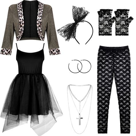 PRICES MAY VARY. Sufficient and Thoughtful Set: the package contains 7 pieces of accessories for 1980s clothes in all, including 1 piece of jacket that is trimmed with leopard print, 1 black tutu dress, 1 lace headband, 1 silver cross necklace, 1 pair of black legging pants, 1 pair of hoop earrings, 1 pair of lace gloves, which are sufficient and thoughtful combination that can satisfy your dressing needs at 80s parties Comfortable and Trustworthy to Wear: the jacket is made of polyester and vel Classic Rock Costume Party, 80s Party Costumes Plus Size, Womens 80s Rock Costume, Heavy Metal Rock Costume, Rolling Stones Costume Women, Costumes For A Song Title Theme Party, Favorite Album Costume, Rock Of Ages Costume Julianne Hough, Patsy Stone Costume