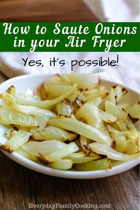 The best air fryer onions recipe. Learn how to saute onions in your air fryer. This veggie is so easy to make in an air fryer machine and is perfect with your favorite weeknight dinner. #airfryer #airfryerrecipes #easyairfryerrecipes #easyrecipes Air Fryer Grilled Onions, Air Fry Onions, Air Fryer Fried Onions, Air Fried Onions, Airfryer Onions, Airfryer Sides, Air Fryer Recipes Dinners, Onions In Air Fryer, Air Fryer Onions