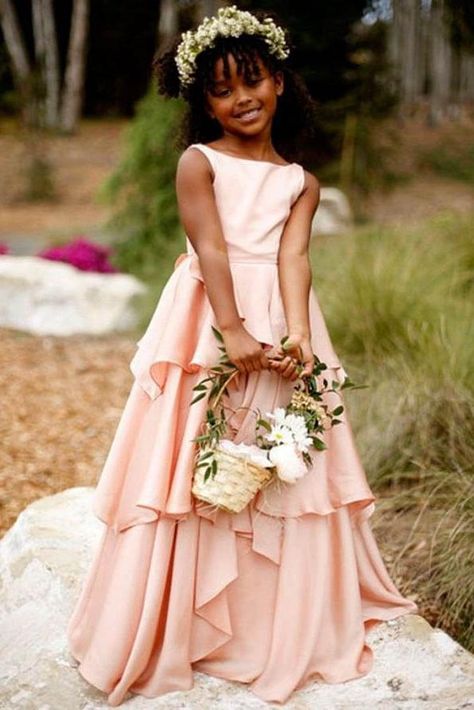 A-line/Princess Layers Flower Girl Dresses with Tiered Skirt in Satin Faced Chiffon #flowergirl #flowergirldress #weddings Dresses With Ruffles, Chiffon Flower Girl Dress, Long Flower Girl Dresses, Gray Flower, Pink Flower Girl Dresses, Long Flowers, Chiffon Flowers, Flower Girl Basket, Maggie Sottero