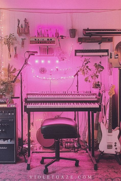 Create a functional and inspiring home studio workspace, whether for music, art, photography, or something beyond! Feminine Music Room, Bedroom Studio Music, Music Studio Aesthetic, West Hollywood Apartment, Studio Workspace, Guitar Studio, Cozy Office, Music Studio Room, Brand Ideas