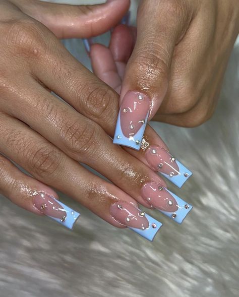 Sky Blue Nails With Rhinestones, Blue French Tip Nails With Diamonds, Blue Rhinestone Nails Short, Square Nail Designs With Gems, Blue French Tip Nails With Gems, Light Blue French Tip Nail Designs, Light Blue French Tip Nails With Design, Blue French Tip Nails With Rhinestones, Light Blue Nails With Gems