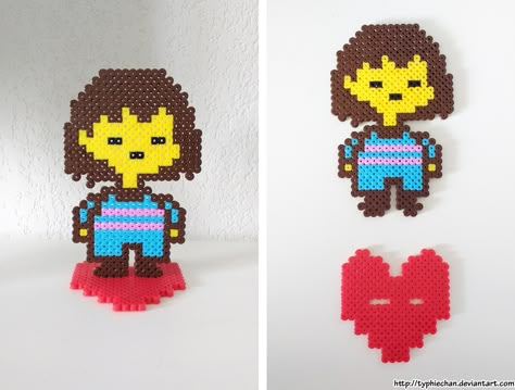 Frisk with stand - Undertale perler beads by TyphieChan Undertale Perler Beads, Undertale Birthday, Hama Art, Perler Creations, Pixel Beads, Melty Bead Patterns, Perler Ideas, Vine Compilation, Art Perle