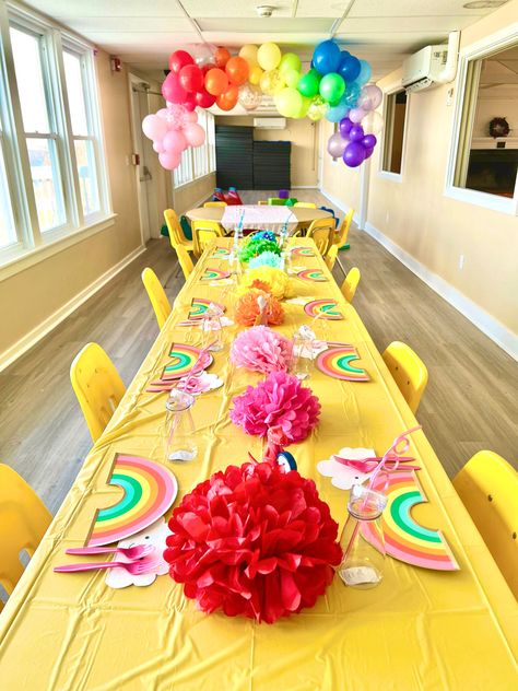 Rainbow Birthday Centerpieces, Rainbow Table Decorations, Rainbow Birthday Decor, Leah Kate, Dance 2023, Rainbow Balloon Arch, Balloon Arch Diy, Cartoon Birthday, First Birthday Party Themes