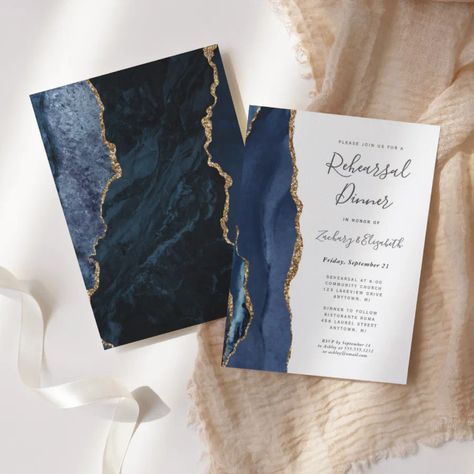 Modern Blue Gold Agate Wedding Rehearsal Dinner Invitation Navy Rose Gold Wedding, Champagne And Blue Wedding, Blue Rose Gold Wedding, Dark Wedding Invitations, Gold Wedding Invite, Wedding Invitations Gold Foil, Rose Gold Wedding Invitation, Pink Wedding Stationery, Navy Blue Watercolor