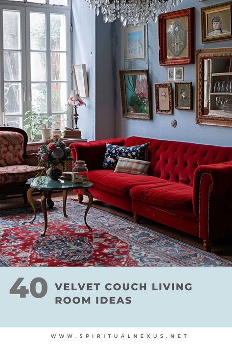 Get lost in these 40 dreamy velvet couch living room ideas. Perfect for creating a serene and stylish space. #DreamyLivingRoom #VelvetCouch #InteriorIdeas Red Velvet Sofa Living Room Ideas, Gray And Red Living Room, Red Sofa Living Room Color Schemes, Red Couch Living Room Ideas, Velvet Couch Living Room Ideas, Red Couch Decor, Red Velvet Couch, Ottawa House, Burgundy Couch