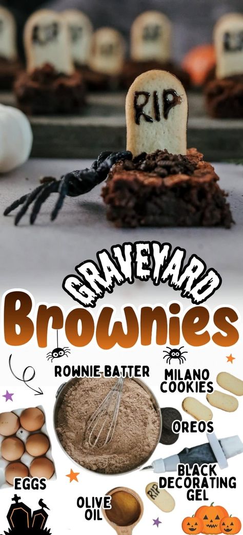 Looking for a spooky and delicious Halloween dessert? Try these RIP Graveyard Brownies! Rich and fudgy, they're topped with Milano cookie tombstones. Perfect for parties, these Halloween brownies will be a hit with kids and adults. Rip Brownies, Cookie Tombstones, Graveyard Brownies, Milano Cookie, Delicious Halloween Desserts, Delicious Halloween Treats, Halloween Brownies, Milano Cookies, Hocus Pocus Party