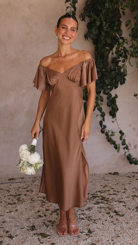 Louisa Midi Dress - Chocolate - Buy Women's Dresses - Billy J Satin Short, Butterfly Sleeve, Style Party, Midi Dress Party, Midi Short Sleeve Dress, Butterfly Sleeves, Aaliyah, Wedding Party Dresses, Fit Style