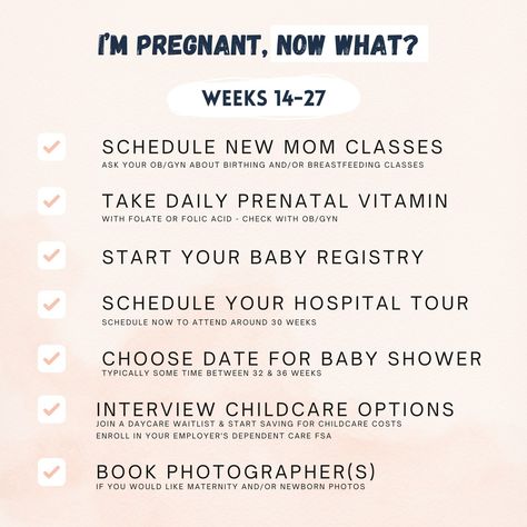 I'm pregnant, now what? Checklist for weeks 14-27+ First trimester ✅  The second trimester is most women’s favorite! Less nausea 🥳  More energy 🤩  Baby Registry 👀   Let Stress Less Mom guide you through the second trimester as you prepare for your baby’s arrival!  #firsttimemom #pregnancy #momlife #pregnancyjourney #secondtrimester #stresslessmom #pregnant #babyregistry Pregnant Now What, First Trimester Pregnancy, Second Trimester, I'm Pregnant, Trimesters Of Pregnancy, Pregnancy Journey, First Trimester, More Energy, Baby Registry