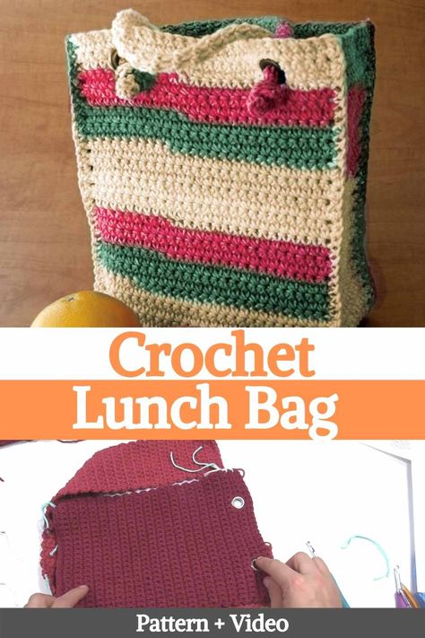 Crochet Lunch Bag, Box Bag Pattern, Lunch Bags Pattern, Crochet Feather, Bag Video, Mens Lunch Bag, Crochet Market, Crochet Bottoms, Crochet Box