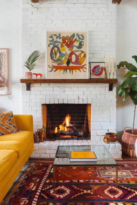 A white brick fireplace can look amazing in your living room if you follow these 15 tips. Living Room White Brick Fireplace, Tiny Living Room With Fireplace, White Brick Fireplace Living Room, Fireplace Cottagecore, Decorate Brick Wall, Brick Chimney Living Room, Updating Fireplace Brick, White Brick Fireplace Ideas, Apartment With Fireplace