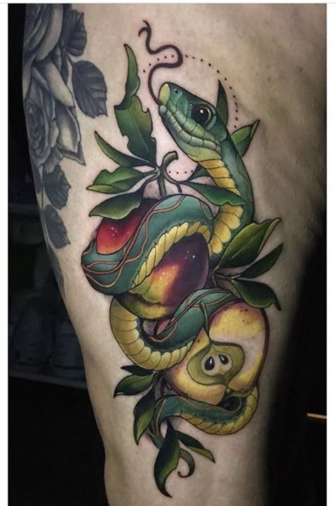 I understand the symbolism, but honestly do not care about or for it... but this art is unbelievably gorgeous. Neo Tattoo, Tattoo Snake, Tatuaje A Color, Flowers Tattoo, New School Tattoo, 1 Tattoo, Snake Tattoo, Neo Traditional, Garden Theme