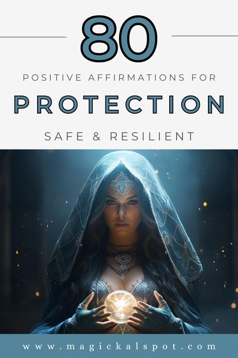 Fortify your sense of safety with '80 Positive Affirmations for Protection: Safe & Resilient.' This empowering article offers affirmations to enhance personal security, foster resilience, and create a protective aura. Ideal for those seeking to shield themselves from negativity, cultivate inner strength, and maintain peace of mind. These affirmations act as a daily shield, reinforcing your mental and emotional defenses, and ensuring a feeling of safety and resilience in all aspects of life. Protection Affirmations, Cleansing Spells, Higher Vibration, Good Luck Spells, Luck Spells, Kitchen Witchery, Personal Security, Journaling Prompts, Protection Amulet