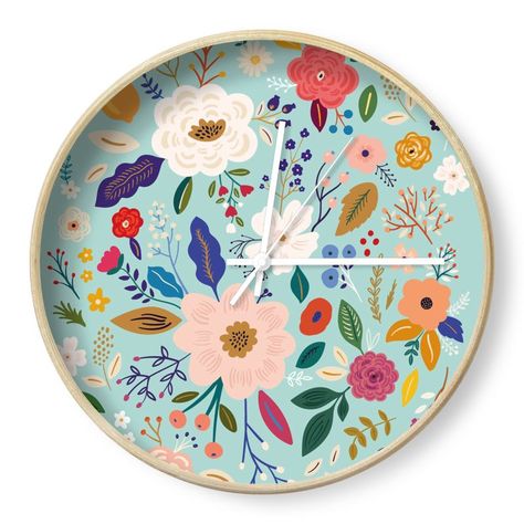 Blue Floral Print Wall Clock Decor - Yililo Wall Clock Decor, Floral Clock, Clock Diy, Flower Clock, Clock Painting, Black Hands, Diy Clock, White Hands, Clock Decor