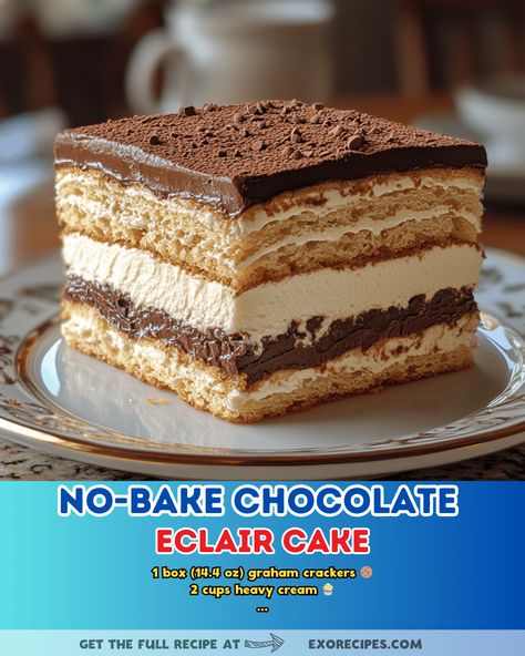 Indulge in a no-bake chocolate eclair cake that is perfect for any occasion! This easy dessert recipe will satisfy your sweet tooth in no time. #noBake #Chocolate #EclairCake #Dessert #EasyRecipe. No Bake Eclair Cake Recipe, Peanut Butter Eclair Cake No Bake, No Bake Chocolate Eclair Dessert, Easy Chocolate Eclair Dessert, Eclair Cake With Chocolate Ganache, Easy Eclair Cake, Dessert Lasagna Recipes No Bake, Chocolate Eclair Cake No Bake, Vanilla Wafer Recipe Desserts