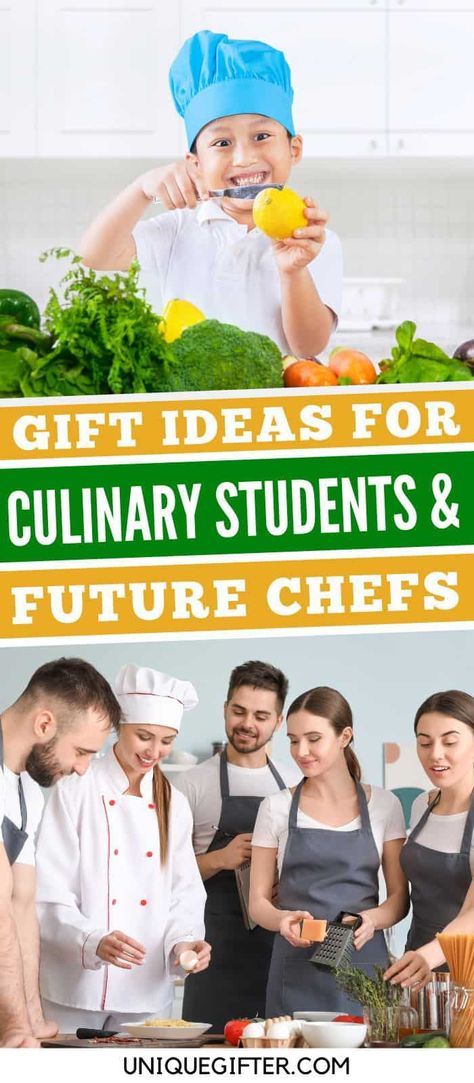 Gift Ideas for Culinary Students and Future Chefs | Graduation Gift Ideas for a Chef | Cooking School Gifts | Kitchen Themed Gift Ideas #culinarystudents #giftideasforchefs #giftsforachef #kitchentools #cookinggifts Goft Ideas, Themed Gift Ideas, Chef School, Student Prizes, Kid Chef, Graduation Gift Ideas, Cooking Competition, Superhero Gifts, College Care Package