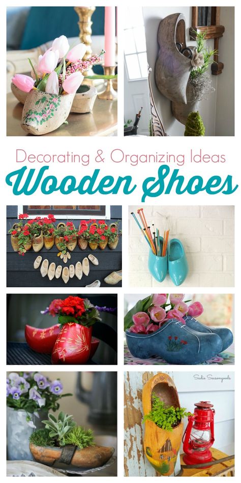 They might not feel very comfy on your feet, but there are lots of different ways you can use Dutch wooden shoes in your decorating. They make great planters, flower vases and organizers for all sorts of things, as you'll see in this roundup of repurposed klompen wood clogs. #netherlands #holland #woodenshoes #springdecorating #tulips Dutch Wooden Shoes Decor, Dutch Decor Netherlands, Wooden Shoes Dutch, Dutch Appetizers, Dutch Crafts, Wooden Clogs Dutch, Scandinavian Crafts, Dutch Christmas, Dutch Shoes