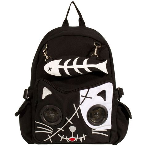 Banned Black Ipod Cat Bone backpack – Banned bags – womens backpacks... ($41) ❤ liked on Polyvore featuring bags, backpacks, accessories, sac, cat print bag, day pack rucksack, rucksack bag, cat backpack and backpack bags Cat Bags, Mode Harajuku, Backpack Purple, Kitty Backpack, Knapsack Bag, Oc Outfits, Canvas Rucksack, Rucksack Bag, Eyes Black