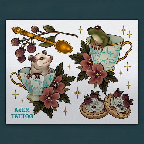 Spill The Tea Tattoo, Tea Set Tattoo, Fairytale Tattoo, Animal Tea Party, Teapot Tattoo, Neo Traditional Art, Reptile Art, Tea Tattoo, Teacup Tattoo