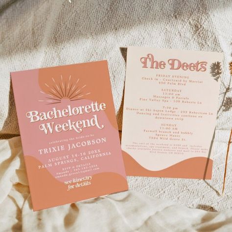 Pink Orange Bachelorette, Orange Bachelorette, Retro Bachelorette Party, Bachelorette Party Invite, Itinerary Invitation, Retro Bachelorette, Bachelorette Invite, 70's Disco, Bachelorette Weekend Invitations