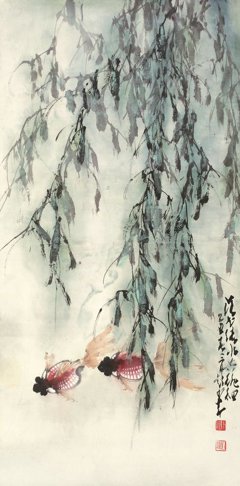 Japanese willow tree with Carp Chinese Willow Tree, Japanese Willow Tree, Seoul Tattoo, Tree Pencil Sketch, Victory Tattoo, Willow Tree Art, Willow Tree Tattoos, Weeping Willow Tree, Flowers Paintings