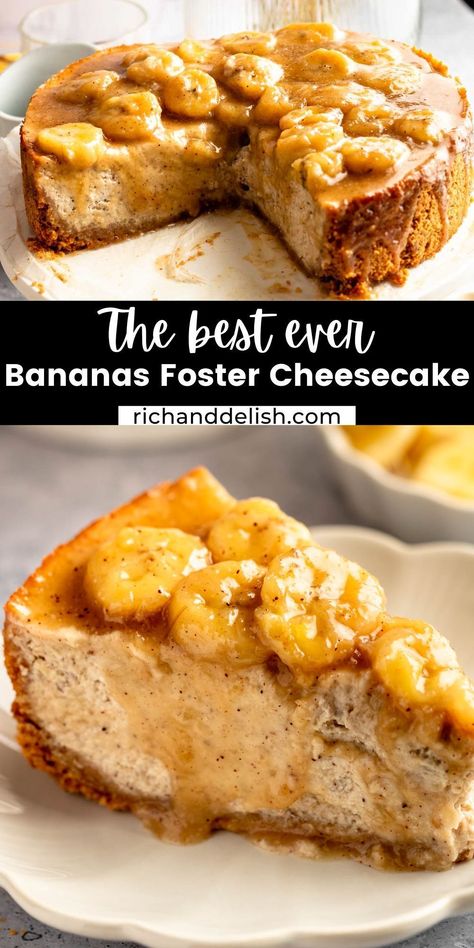 This bananas foster cheesecake features a cinnamon graham cracker crust, banana cheesecake filling, and a decadent caramelized banana topping. Banana Topping, Cinnamon Graham Cracker Crust, Mini Banana Muffins, Banana Coffee Cakes, Caramelized Banana, Spring Form, Cheesecake Toppings, Banana Cheesecake, Bananas Foster