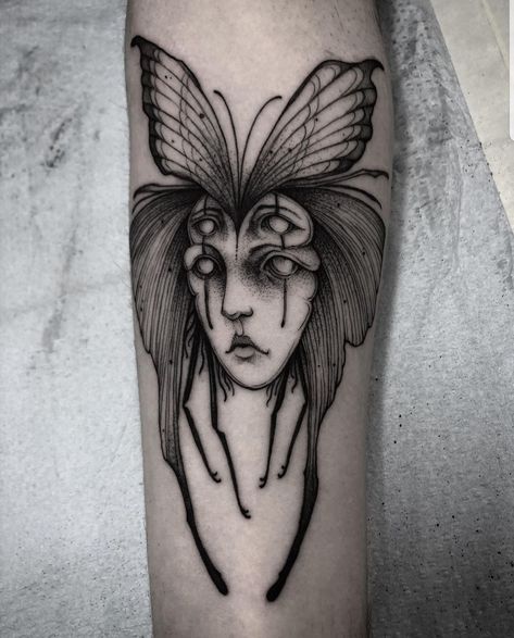 Dark Female Tattoos, Small Faerie Tattoo, Nature Arm Tattoo, Simple Gothic Tattoos, Dark Fairy Tattoo, Manu Tattoo, Faerie Tattoo, Surrealism Tattoo, Goth Tattoo