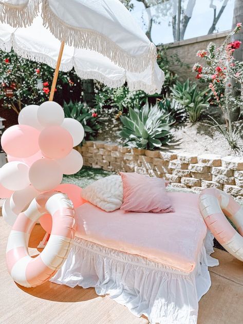 Kara's Party Ideas Quinn’s Pool Cabana Party | Kara's Party Ideas Pink And White Pool Party, Vintage Pool Party, Cabana Pool Party, Cabana Party, Palm Royale, Bows Party, Flamingo Drink, Pink Pool, Trendy Party Decor