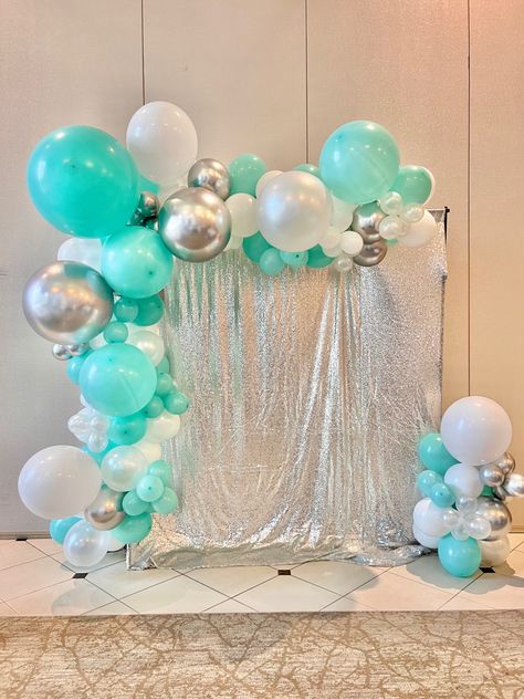 Tiffany Blue Balloon Decorations, Teal Balloon Arch, Turquoise Balloons Decorations, Tiffany Blue Balloon Arch, Turquoise Balloon Arch, Teal White And Silver Balloon Garland, Birthday Martini, Teal Balloons, 40th Birthday Themes