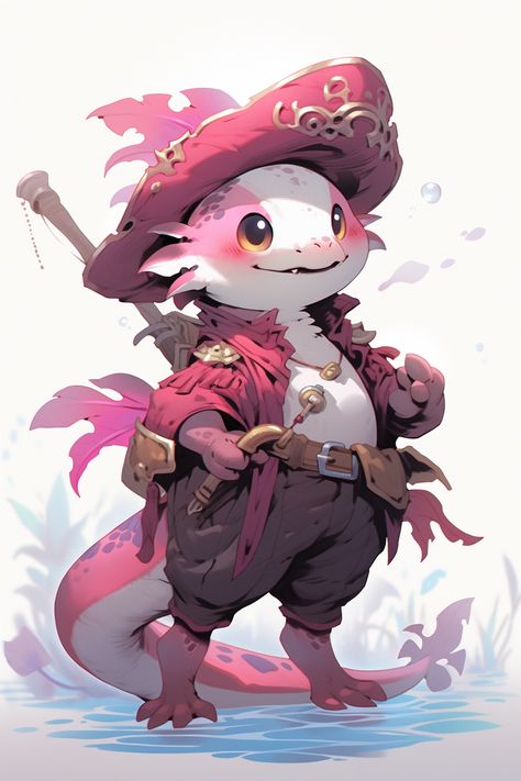 Otter Dnd Character, Pirate Character Concept Art, Fish Dnd Character, Anthro Axolotl, Dnd Axolotl, Axolotl Character Design, Cute Dnd Character, Grung Dnd, Axolotl Character