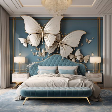 Large bedroom interior design gold with blue quartz butterfly bed Butterfly Bed, Interior Design Gold, Butterfly Room Decor, Butterfly Bedroom, Butterfly Bedding, Butterfly Room, Wall Decor Design, Bedroom Interior Design, Large Bedroom