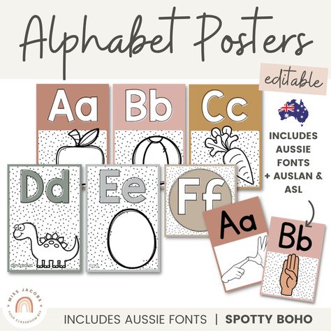 ALPHABET POSTERS | SPOTTY BOHO - Miss Jacobs Little Learners Boho Colour Palette, Boho Decor Style, Polka Dot Classroom, Neutral Boho Decor, Boho Classroom Decor, Boho Rainbow Classroom, School Fonts, Boho Classroom, Rainbow Classroom