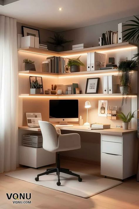 Sleek Modern Home Office with Ambient Lighting Office Ideas Shelves, Modern Minimalist Study Room, Office Room Lighting Ideas, Home Office Ideas Storage, Study Rooms Ideas, Modern Apartment Office, Shelving Ideas Office, Office Ambient Lighting, Office Work Space Design