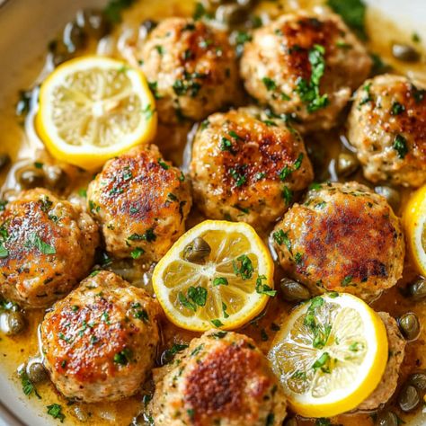 Lemon chicken piccata meatballs Greek Chicken Meatballs In Lemon Cream Sauce, Giada Chicken Piccata Meatballs, Giada De Laurentiis Chicken Piccata Meatballs, Chicken Picatta Meatballs Allrecipes, Lemon Chicken Meatballs, Chicken Meatballs And Pasta, Chicken Meatball Dinner, Chimichurri Meatballs, Creamy Caper Sauce