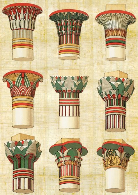 Egyptian Columns Drawing, Ancient Egyptian Motifs, Egyptian Columns, Egyptian Design Pattern, Ancient Egypt Architecture, Ancient Egypt Hieroglyphics, Ancient Egyptian Artwork, Egypt Architecture, Ancient Egypt Pyramids