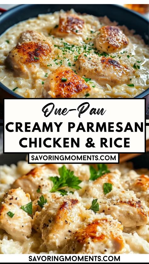 This cozy and comforting dish combines tender chicken, creamy Parmesan-infused rice, and rich flavors—all cooked in just one pan for easy cleanup. Perfect for busy weeknights or a comforting family meal. Get inspired in the kitchen – grab the recipe now #OnePanMeals #CreamyChickenAndRice #ComfortFoodRecipes #EasyDinnerIdeas #FamilyFriendlyMeals #QuickAndEasyRecipes #WeeknightDinner #ChickenRecipes #RiceDishes #ParmesanLove Delicious Chicken And Rice Recipes, White Chicken Parmesan, Chicken With Sauce Over Rice, Chicken Rice Gravy Recipes, Easy Chicken Dinners For Two, Easy Dinner Ideas For Family Healthy, Cheap Meals With Rice, Rice Dinners Easy, One Pan Rice Meals