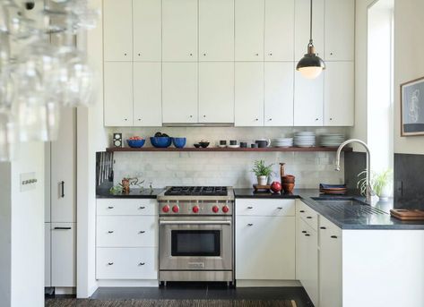 New York Architect Elizabeth Roberts's Own Kitchen Update, Before and After Remodelista Kitchen, Benjamin Moore Cloud White, Replacing Cabinets, Brooklyn Kitchen, Modern Cabinet Knobs, Elizabeth Roberts, Soapstone Counters, Bungalow Kitchen, Summer Living Room