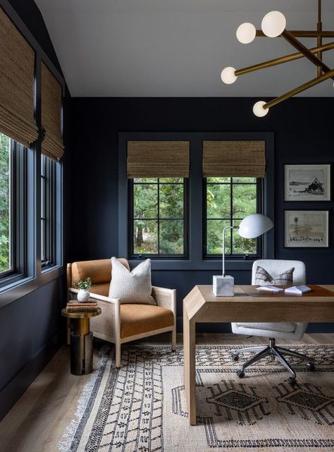 deep blue home office Blue Wall Home Office, Navy Blue Man Cave, Deep Blue Office, Slate Blue Office, Dark Blue Office Ideas, Blue And Grey Office, Gray Blue Office, Blue Office Aesthetic, Navy Office Ideas