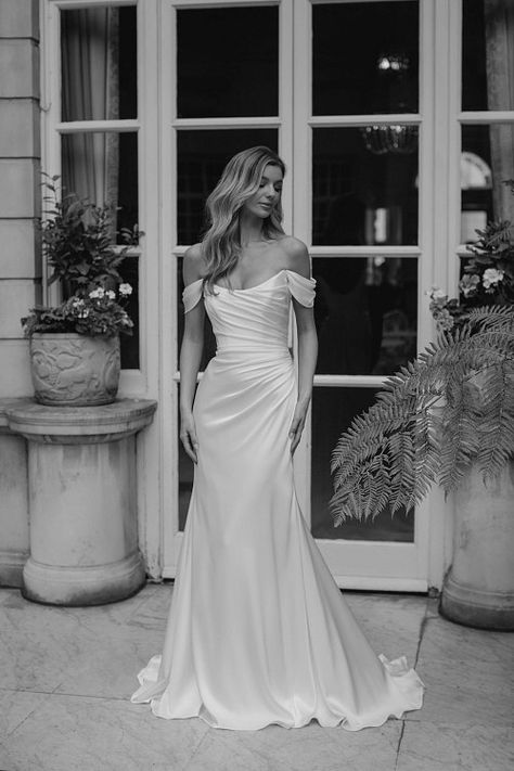 Degas Satin Wedding Dress With Removable Train, Satin Cap Sleeve Wedding Dress, Sheath Wedding Dress Classic, Silk Wedding Dress Aesthetic, Ivory Wedding Dress Simple, A Line Elegant Wedding Dress, Off Shoulder Simple Wedding Dress, Silk Form Fitting Wedding Dress, Wedding Dress You Can Dance In