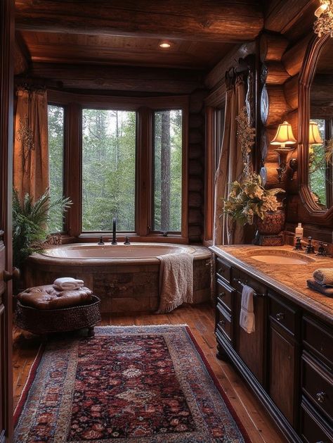 Cabin House Bathroom, Luxury Cabin Bathroom, Earthship Kitchen, Log House Bathroom, Log Home Bathroom Ideas, Log Home Bathroom, Log Cabin Bathroom, Atmosphere Aesthetic, Lake Bathroom