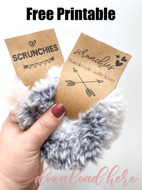 Fuzzy Scrunchy Pattern & Free Printable - Blessed and a Mess Free Printable Scrunchie Tag Template, Headband Display Ideas, Scrunchy Pattern, Crochet Packaging Ideas, Goody Hair Ties, Scrunchie Tags, Tag Template Free, Vendor Fair, Crochet Labels