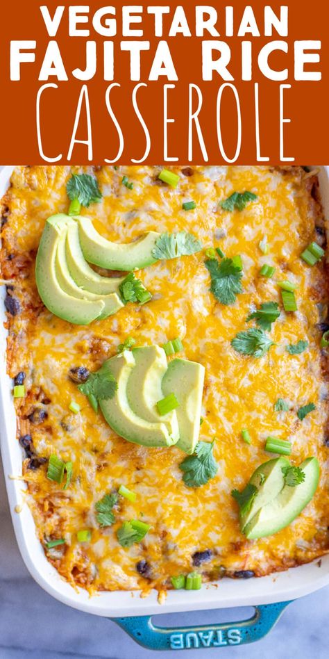 Fajita Rice Casserole, Easy Vegetarian Casseroles, Fajita Rice, Bean And Cheese Enchiladas, Vegetarian Enchilada Casserole, Vegetarian Casserole Recipes, Meatless Meals Healthy, Rice Black Beans, Fajita Vegetables