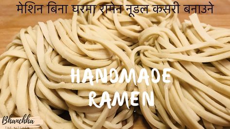 Ramen noodles are wheat-based, and the dough will typically include an alkaline salt or two in the form of kansui, which means, basically, "alkaline water" or "lye water." 
Ingredients required 
Water- 100g warm water
Baked Sodium Bi carbonate -2.5 g
Sea salt- 2.5g
Strong Flour/ Bread Flour-250 g Make Your Own Ramen Noodles, Oodles Of Noodles Recipes Ramen, Ramen Noodle Upgrade, Handmade Ramen Noodles, Ramen Noodles Upgrade, Homemade Ramen Noodles, Homemade Ramen, Ramen Noodle Recipes, Ramen Soup