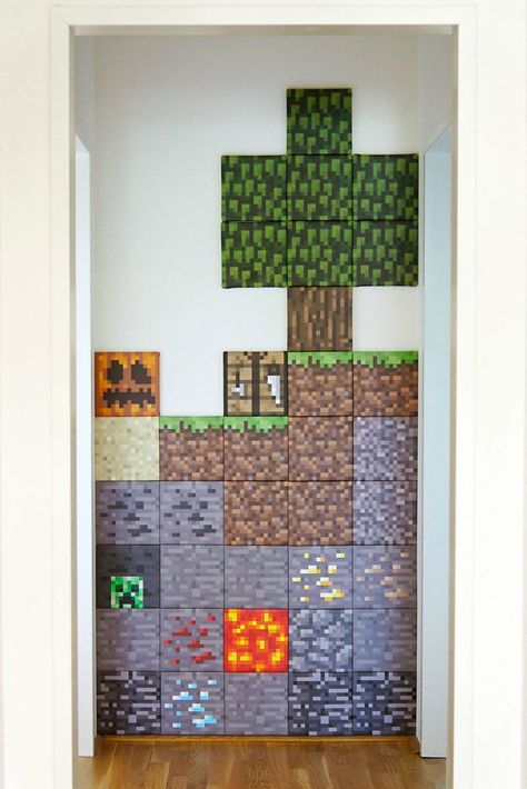 diy minecraft wall!!!  I have the perfect wall to do this to...oh dear, someone stop me before I actually do it! Minecraft Wall Decor, Minecraft Activities, Minecraft Room Decor, Minecraft Bedroom Decor, Minecraft Pattern, Minecraft Wall, Minecraft Decoration, Minecraft Basement, Minecraft Bedroom