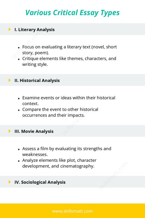 Outline of critical essay types with concise breakdowns for each approach.,
Need help with your essays/ paper? I offer professional writing services to boost your success. Visit our website for personalized assistance! Essay Types, Literary Text, Analysis Essay, Critical Analysis, Critical Essay, Literary Analysis, Professional Writing, Writing Styles, Writing Help