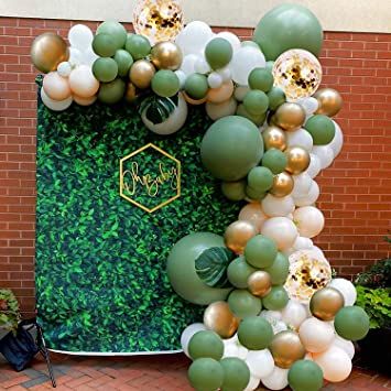 Baby Shower Balloon Garland, Green Balloon Garland, Diy Balloon Arch, Artificial Palm Leaves, Backdrop Diy, Gold Confetti Balloons, Green Baby Shower, Metallic Balloons, Diy Balloon